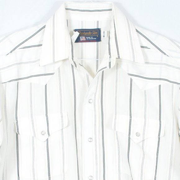 🇺🇸 VTG Panhandle Slim 16.5x34 Pearl Snap Poly-Cotton Ivory Black & Gold Stripe - Picture 1 of 6